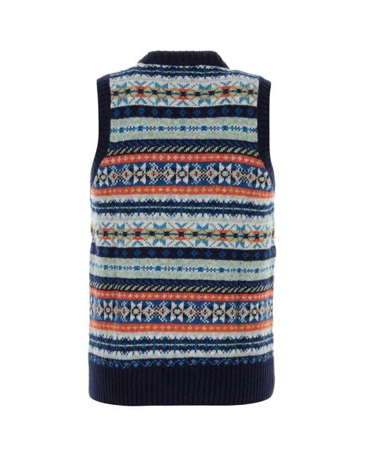 Harley Of Scotland Blue Embroidered Wool Vest for men