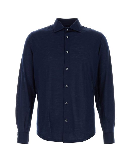 Fedeli Navy Blue Wool Shirt for men