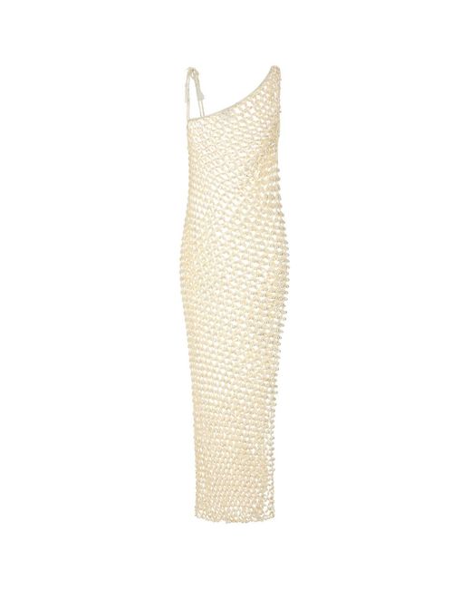 MY BEACHY SIDE White Embellished Crochet Serene One-shoulder Dress