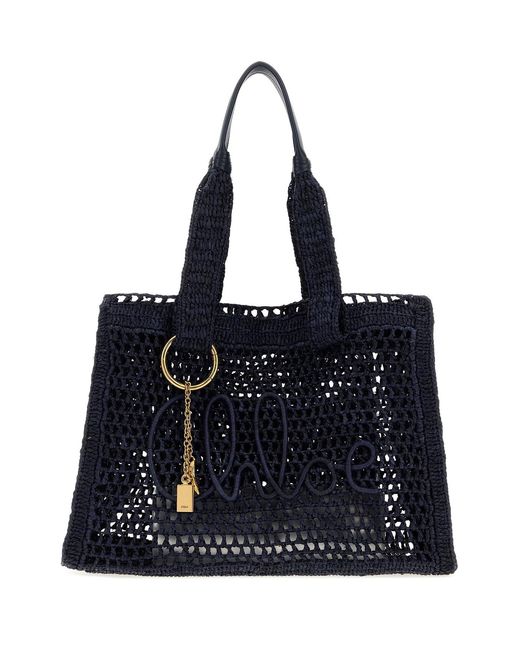 Chloé Black Navy Blue Raffia East-west Summer Banana Shopping Bag
