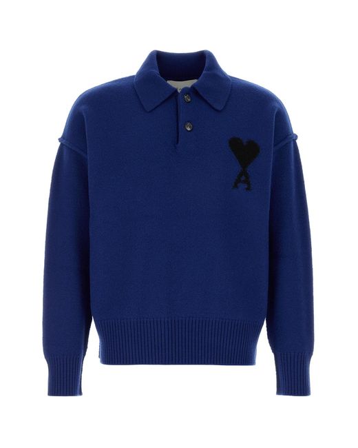AMI Electric Blue Wool Polo Shirt for men