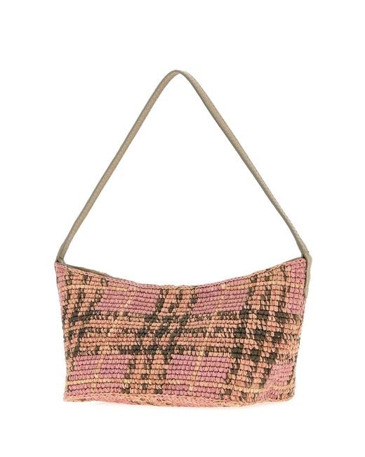 Burberry Pink Embroidered Raffia Mini Margate Shoulder Bag