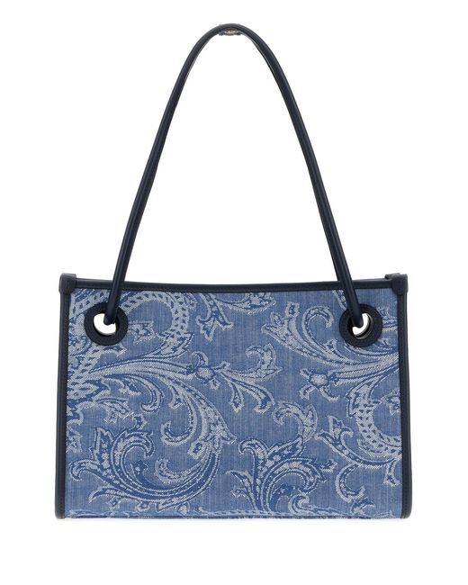 Etro Blue Embroidered Denim Small Eyes Shopping Bag
