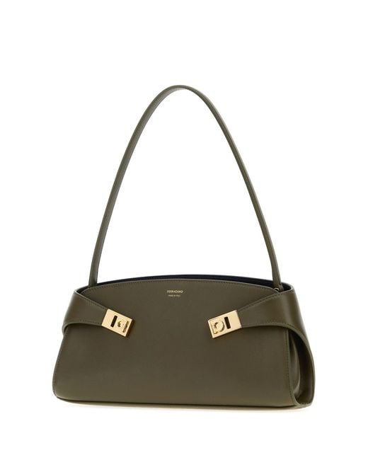 Ferragamo Metallic Olive Green Leather Hug Shoulder Bag
