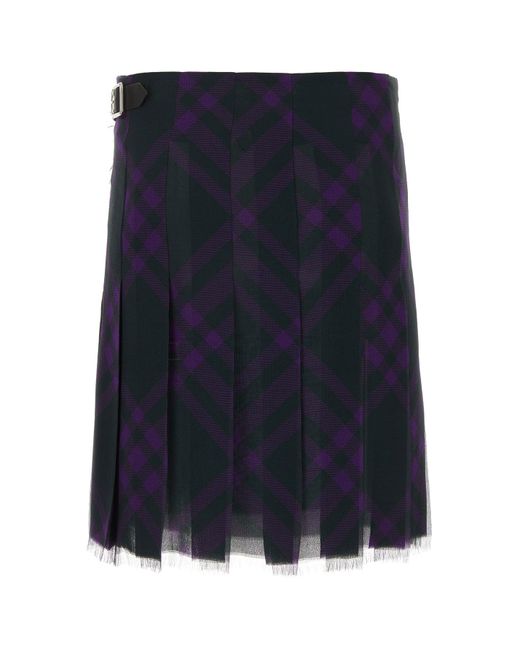 Burberry Blue Check-Pattern Frayed Kilt