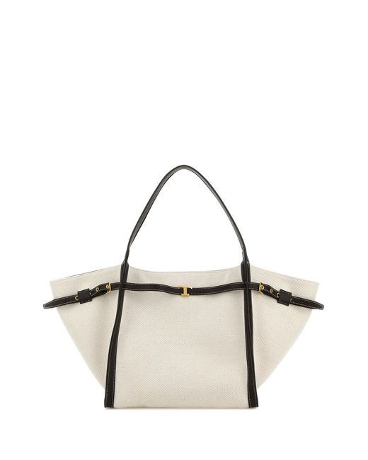 Tod's Metallic White Canvas Medium Shopping Bag
