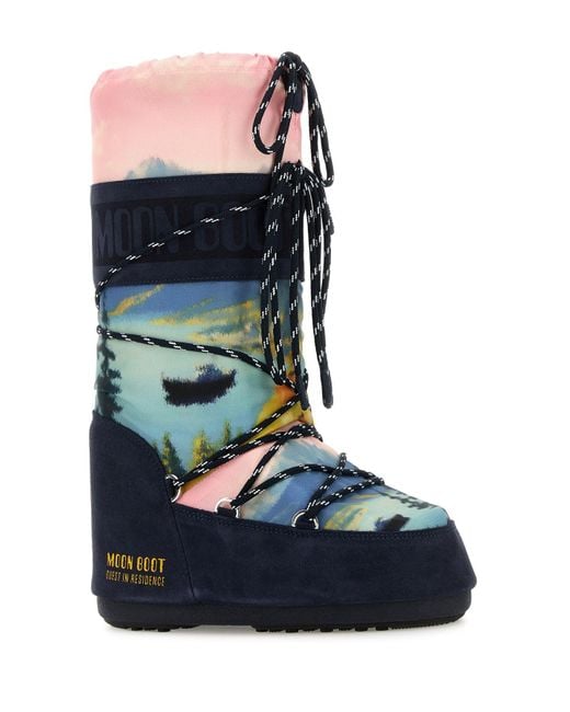 Moon Boot Blue Printed Canvas And Suede X Guest In Residence Icon Boots