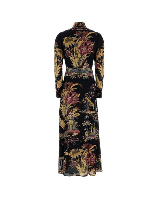 Etro Black Printed Crepe Long Dress