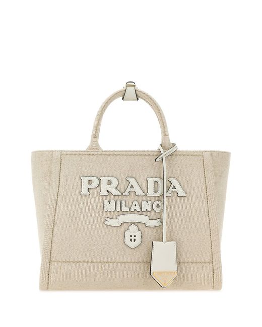 Borsa shopping in tela sabbia di Prada in Natural