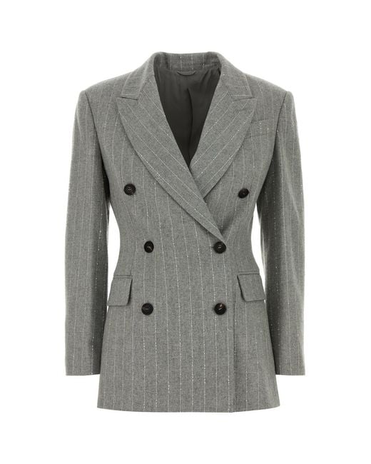 Brunello Cucinelli Gray Embroidered Stretch Wool Blend Blazer