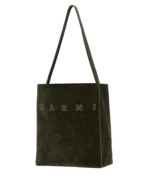 Marni Black Bottle Green Suede Small Museo Shoulder Bag