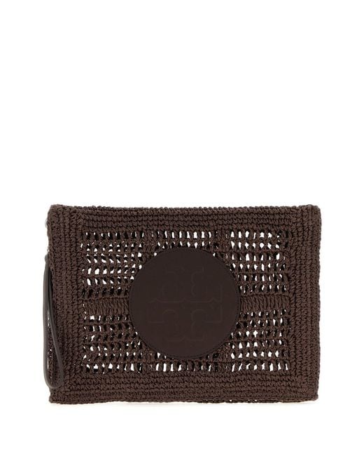 Tory Burch Black Brown Raffia Ella Clutch