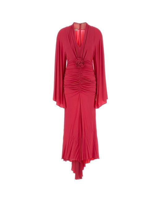 Blumarine Red Rose-Detail Ruched Long Dress