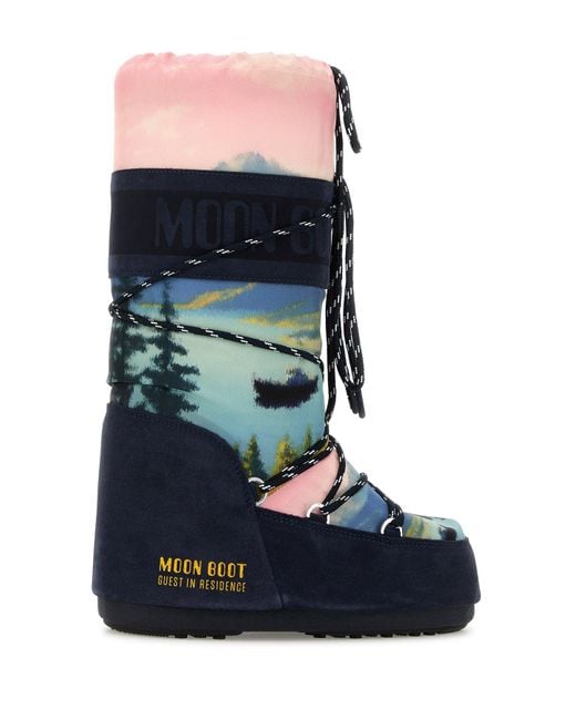 Moon Boot Blue Printed Canvas And Suede X Guest In Residence Icon Boots
