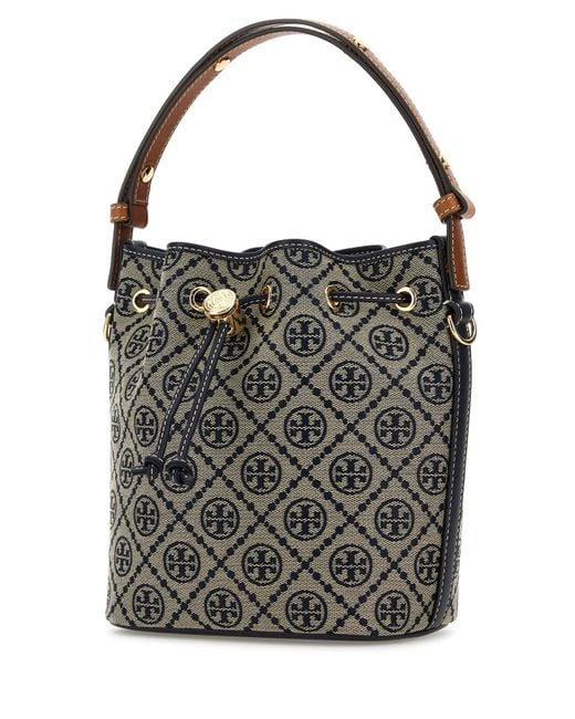 Tory Burch Black Embroidered Fabric Mini T Monogram Bucket Bag