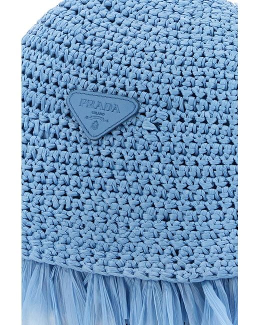 Cappello da pescatore in rafia decorato di Prada in Blue