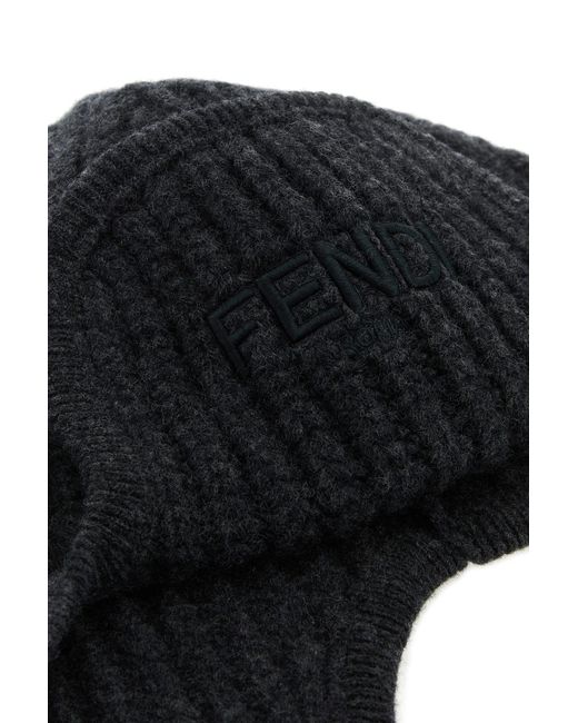 Fendi Black Melange Graphite Wool Beanie Hat for men