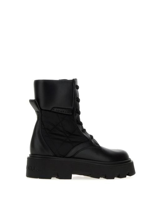 Moncler Black Leather And Fabric Aurea Ankle Boots