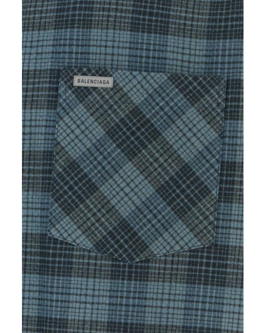 Balenciaga Blue Embroidered Flannel Oversize Shirt for men