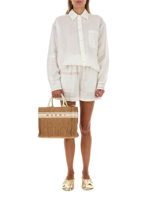 Borsa shopping piccola in rafia bicolor di Marni in Natural