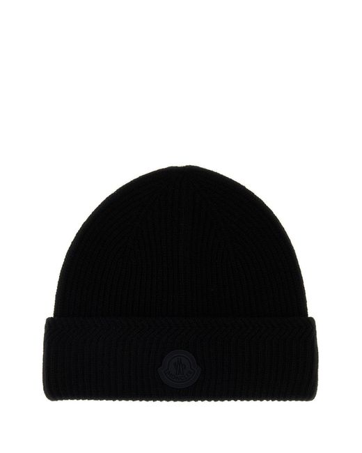 Moncler Black Wool Blend Beanie Hat for men