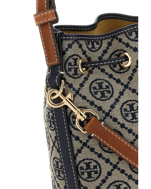 Tory Burch Black Embroidered Fabric Mini T Monogram Bucket Bag