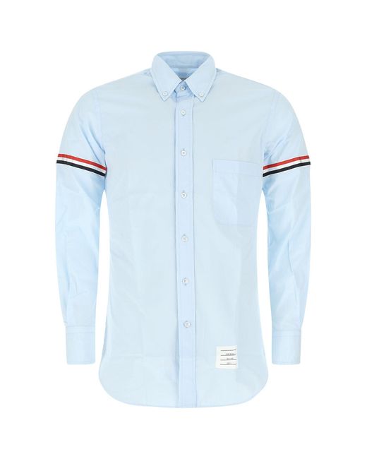 Thom Browne Blue Light Long-Sleeve Button-Up Shirt With Contrast Stripes for men