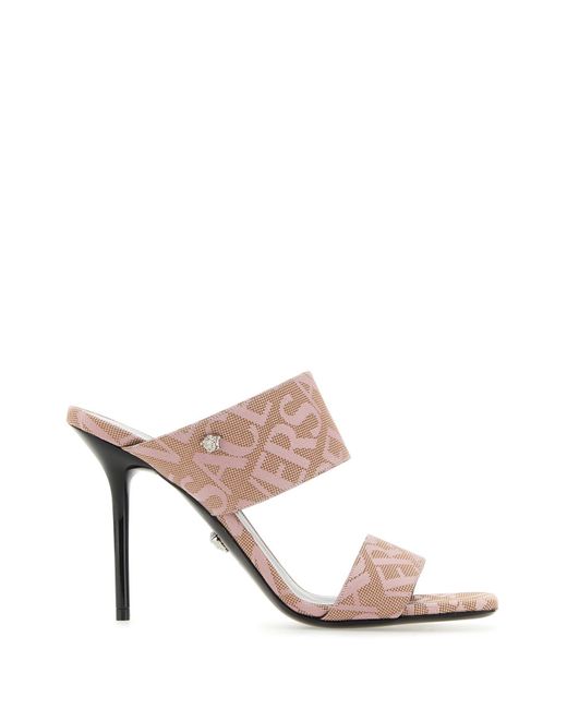 Versace Pink Embroidered Jacquard Cavas Allover Mules