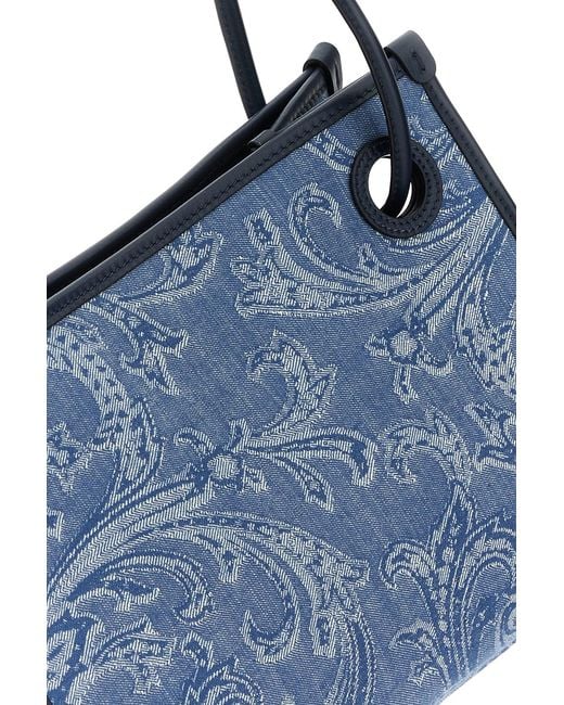 Etro Blue Embroidered Denim Small Eyes Shopping Bag