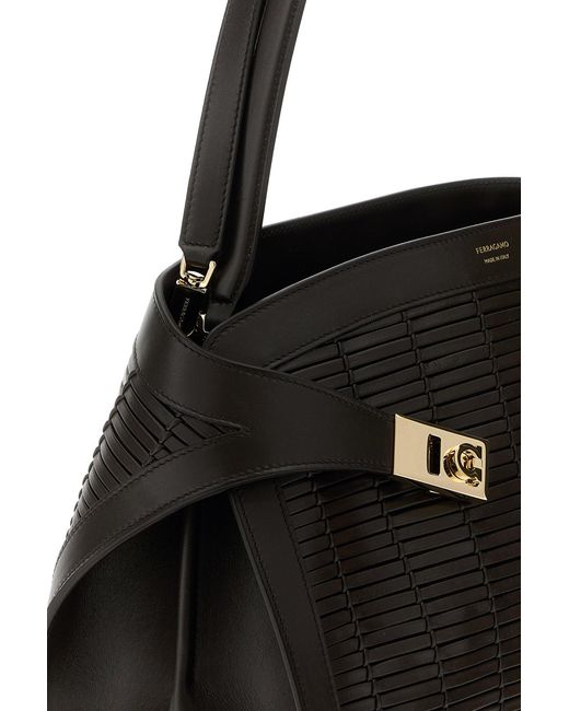Ferragamo Black Dark Brown Leather Hug Handbag