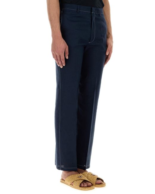 Pantalone in lino blu navy di Prada in Blue da Uomo