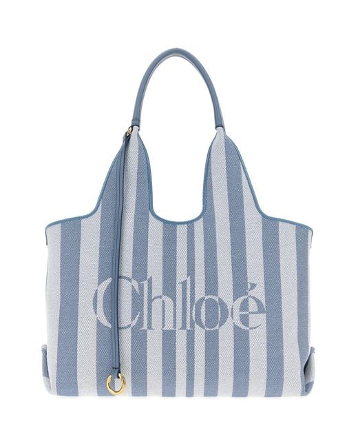 Chloé Blue Embroidered Canvas Chloé Stripy Shopping Bag