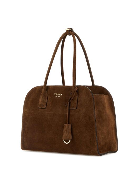 Borsa shopping media in pelle scamosciata marrone di Prada in Brown