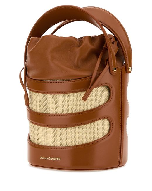 McQueen Brown Two-Tone Leather And Raffia The Rise Bucket Bag