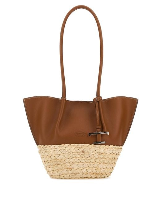 Tod's White Two-Tone Leather And Raffia Small Shopping Bag
