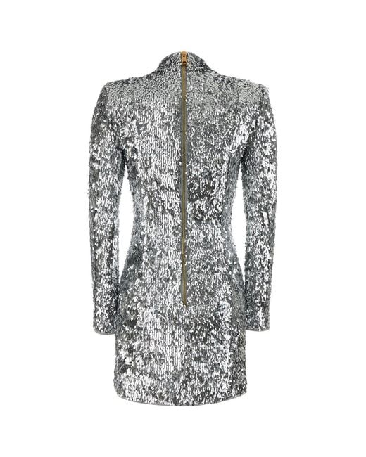 Balmain Gray Silver Sequins Mini Dress