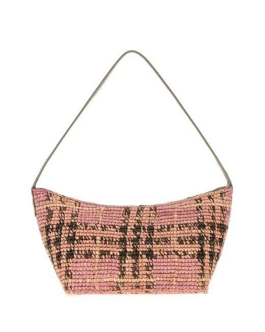 Burberry Pink Embroidered Raffia Mini Margate Shoulder Bag