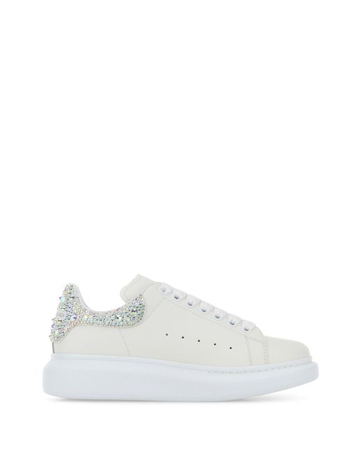 McQueen White Leather Sneakers With Embellished Suede Heel