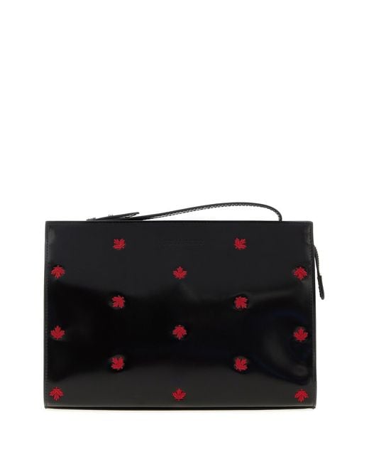 DSquared² Black Leather Maple Leaf Clutch for men