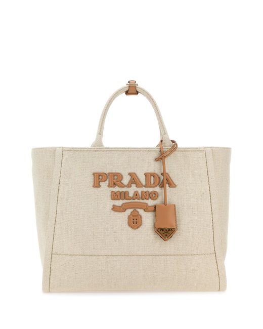 Borsa shopping in tela sabbia di Prada in Natural