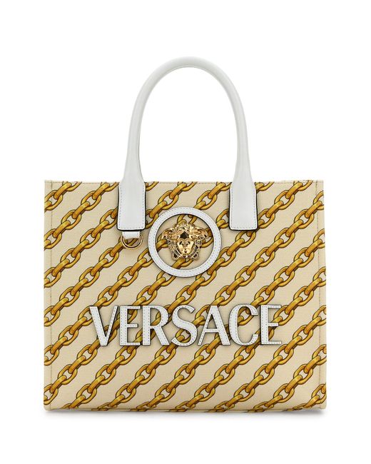 Versace Natural Printed Canvas Small Chain Stripes La Medusa Shopping Bag