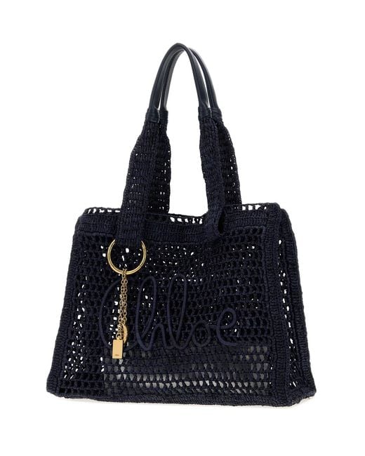 Chloé Black Navy Blue Raffia East-west Summer Banana Shopping Bag