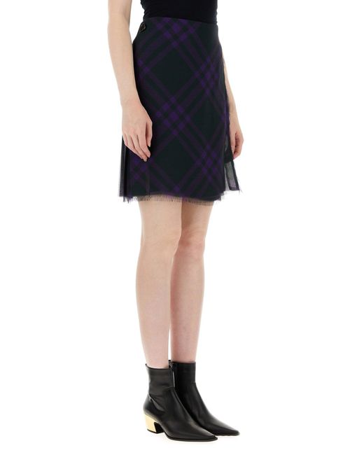 Burberry Blue Check-Pattern Frayed Kilt