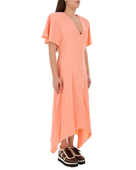 Stella McCartney Pink Envers Satin Matt Side V Neck Dress