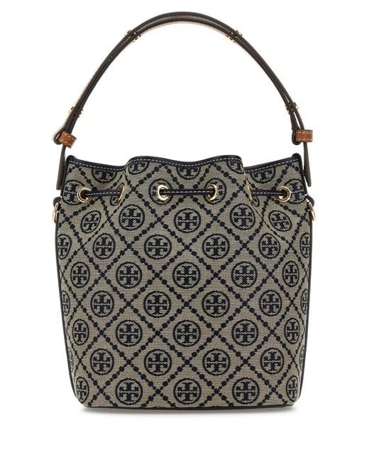 Tory Burch Black Embroidered Fabric Mini T Monogram Bucket Bag