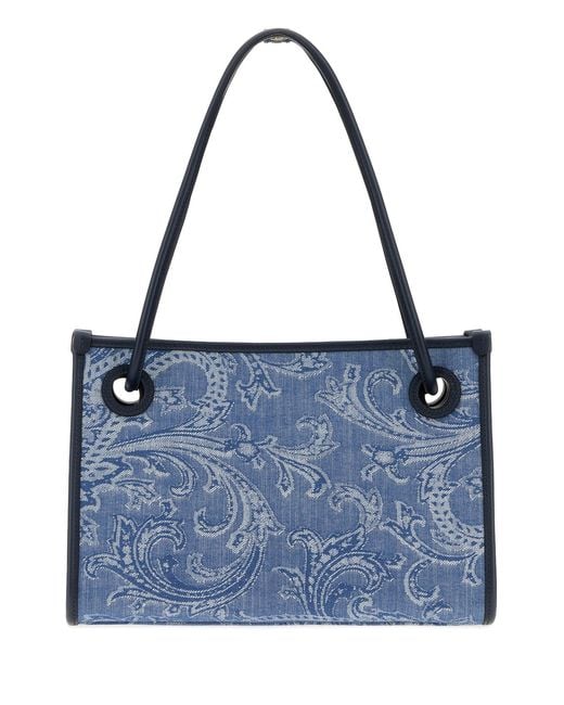 Etro Blue Embroidered Denim Small Eyes Shopping Bag