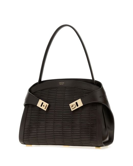 Ferragamo Black Dark Brown Leather Hug Handbag