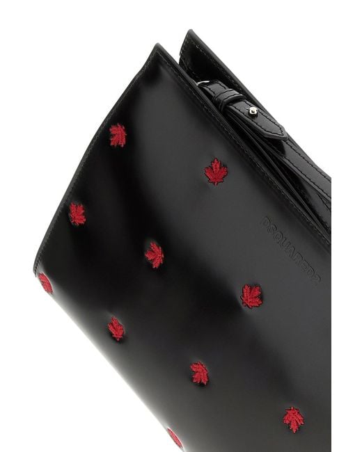 DSquared² Black Leather Maple Leaf Clutch for men