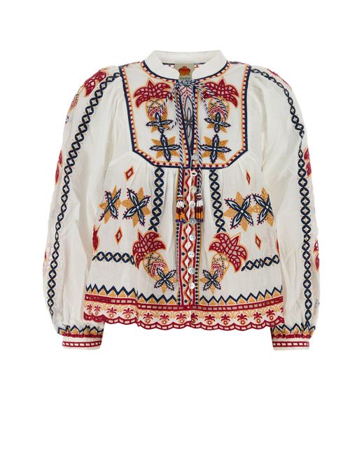 Farm Rio Embroidered Cotton Marys Tiles Blouse