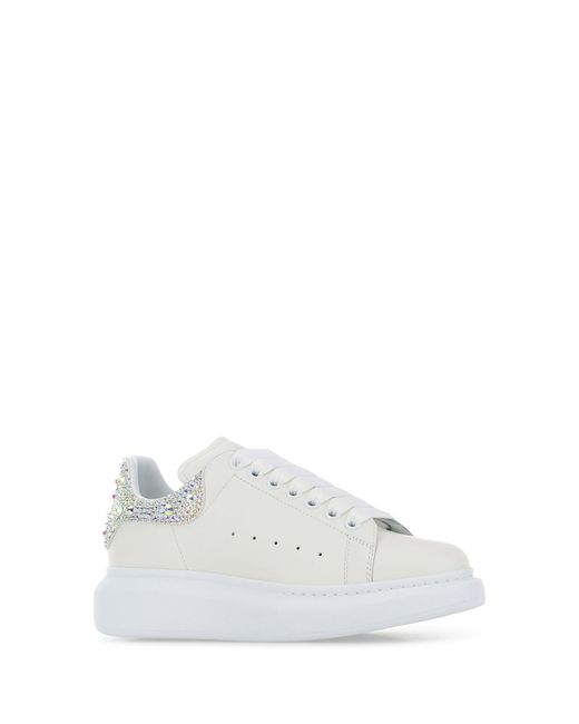 McQueen White Leather Sneakers With Embellished Suede Heel
